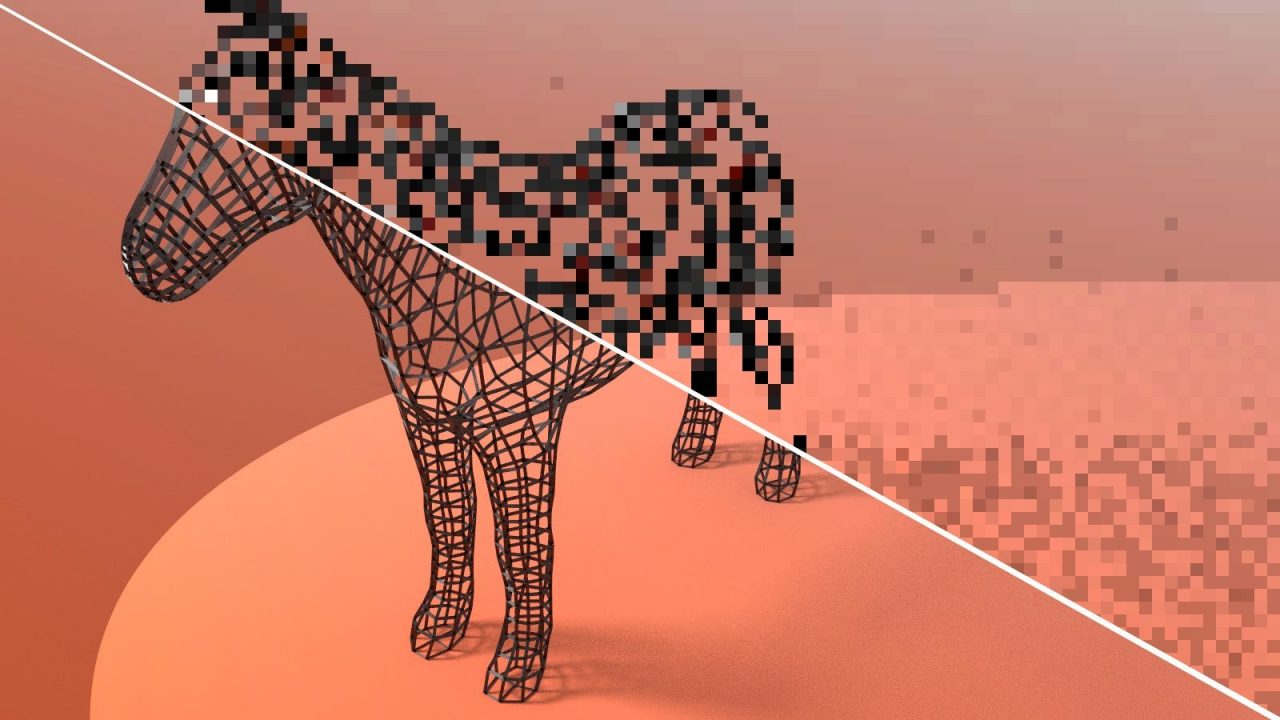 Wireframe horse render compared with low and high anti-aliasing