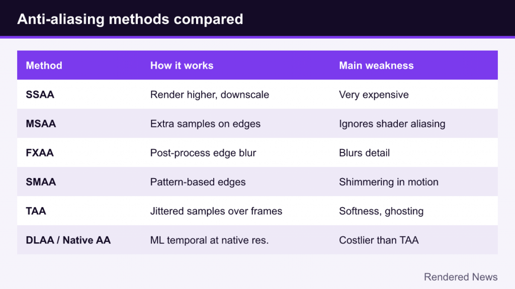 Table comparing SSAA, MSAA, FXAA, SMAA, TAA and DLAA by method and main weakness