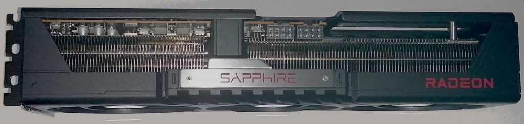 Side view of a Sapphire Pulse Radeon RX 9070 XT graphics card