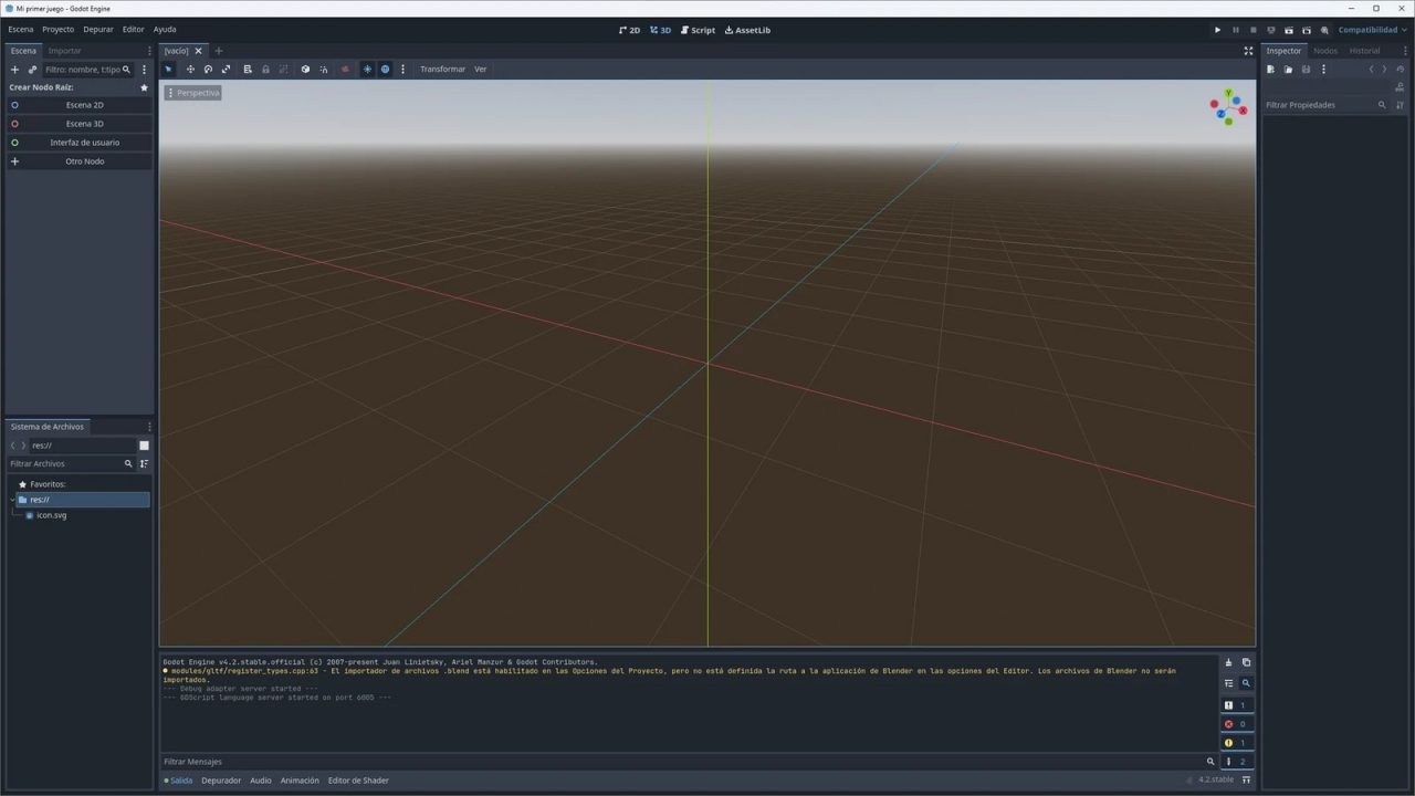 Godot 4.2 editor main window with 3D viewport, scene tree and inspector
