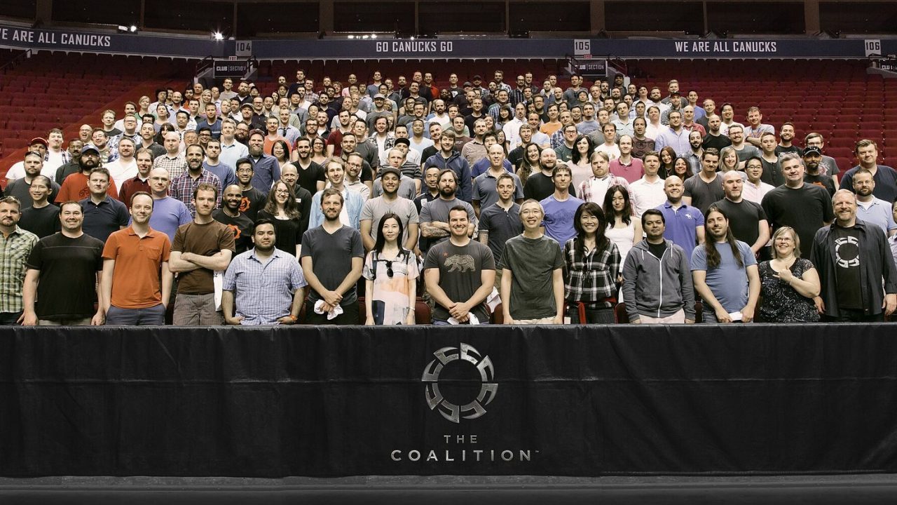 Wide view of The Coalition studio floor with developers at desks