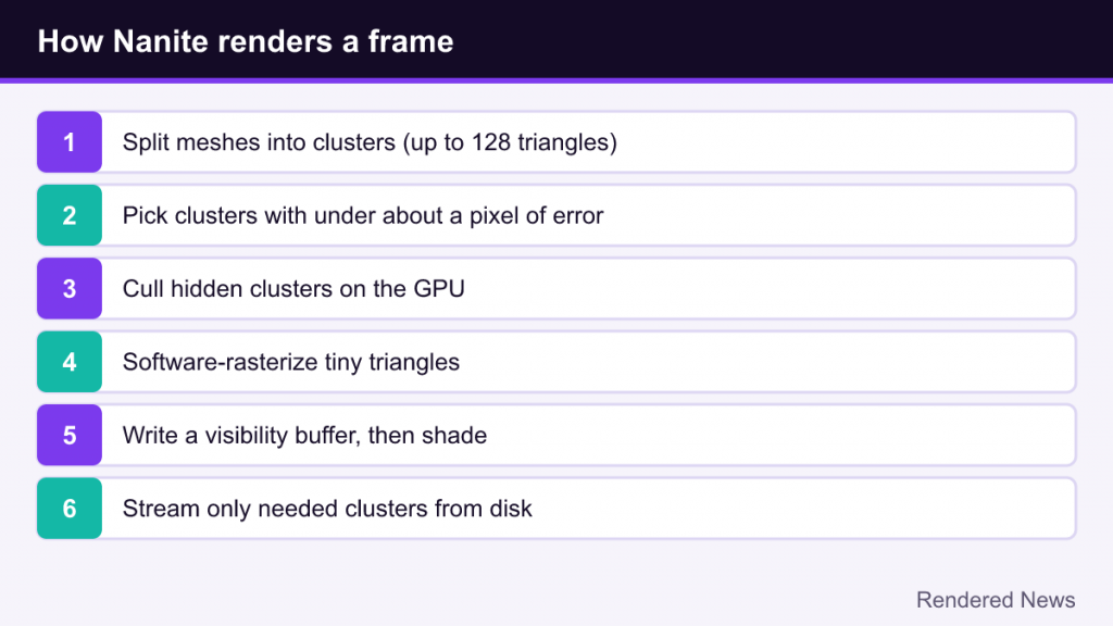 Six steps: clusters, error-based selection, GPU culling, software rasterization, visibility buffer, streaming