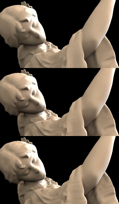 Figurine rendered with few samples per pixel showing heavy noise compared with cleaner versions
