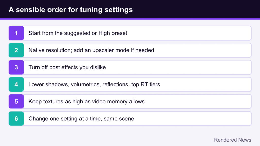 Six-step list for tuning PC graphics settings starting from the High preset