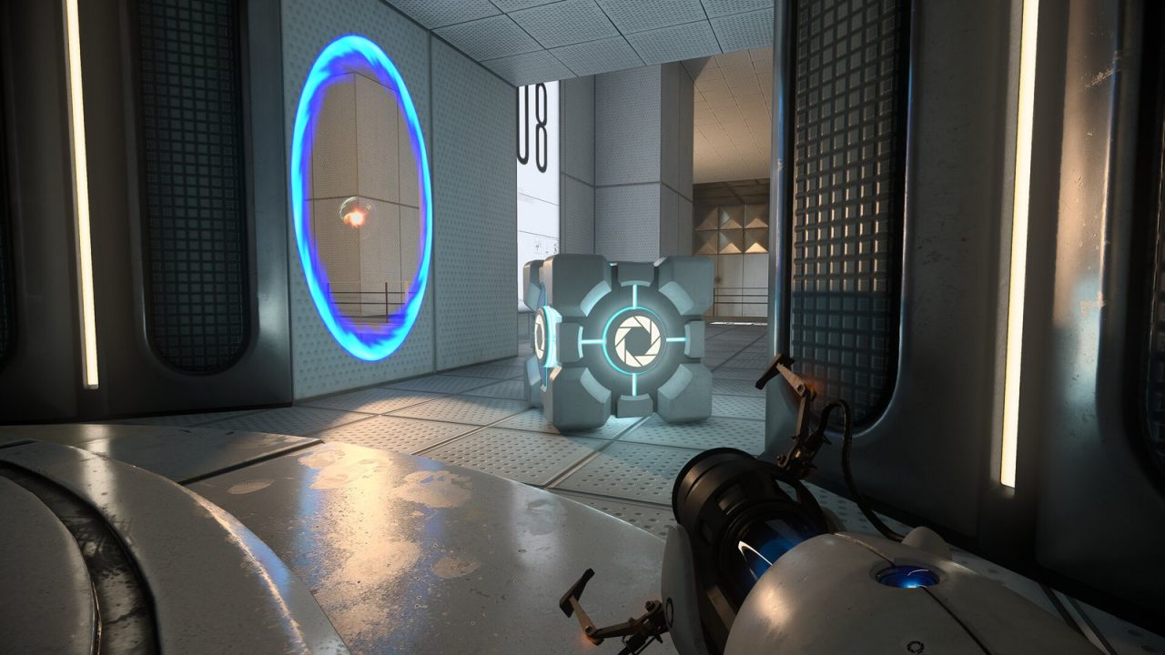 In-game screenshot from Portal with RTX showing ray-traced lighting